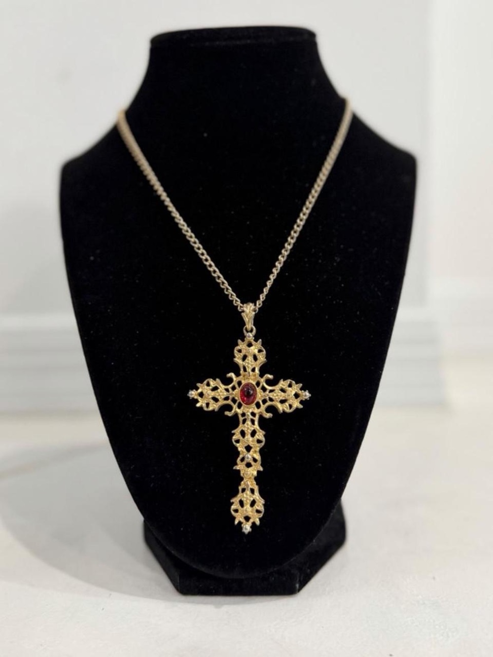 Vintage Avon Cross Pendant Necklace with Red Stone